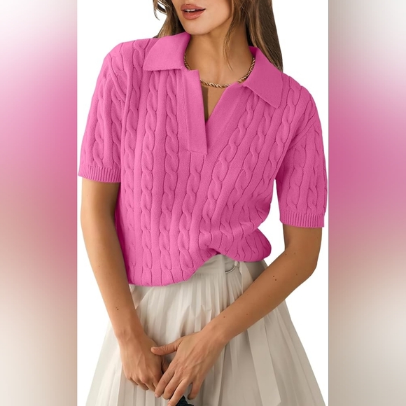 🌺Short Sleeve Polo V Neck Cable Knit Soft Pullover Sweater 🌺 - Picture 4 of 9